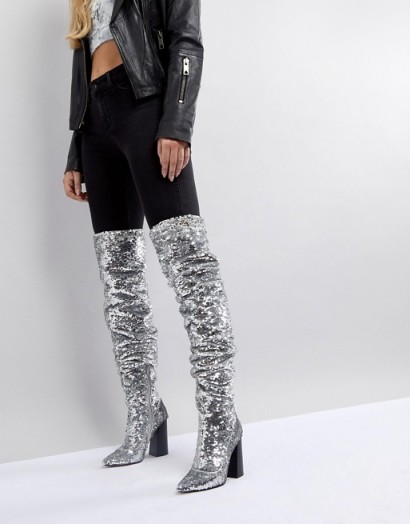 ASOS KILLER BEE Sequin Over The Knee Boots ~ sparkly silver sequins