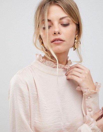 ASOS Luxe High Neck Top in Oyster | shell-pink ruffle trim tops - flipped