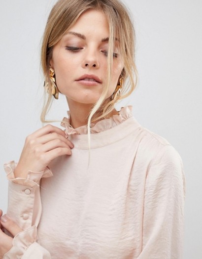 ASOS Luxe High Neck Top in Oyster | shell-pink ruffle trim tops