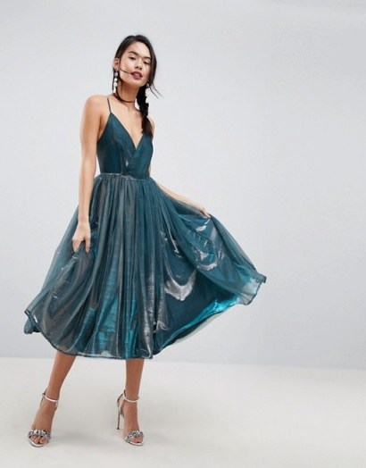 ASOS Metallic Tulle Midi Dress | strappy blue plunge front fit and flare dresses - flipped
