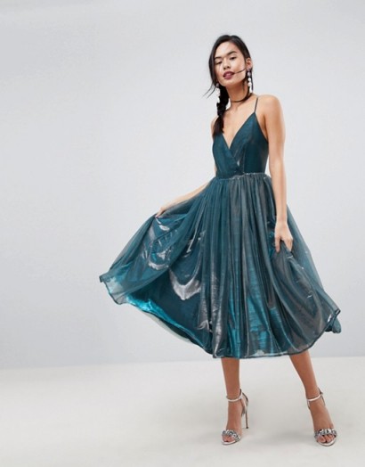ASOS Metallic Tulle Midi Dress | strappy blue plunge front fit and flare dresses