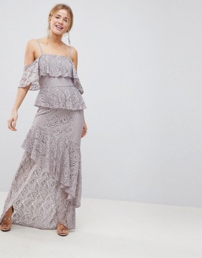 ASOS Multi Layer Lace Ruffle Cami Maxi Dress – long grey tiered occasion dresses - flipped