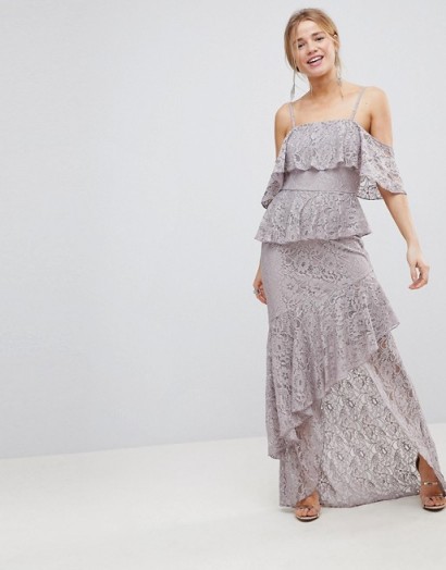 ASOS Multi Layer Lace Ruffle Cami Maxi Dress – long grey tiered occasion dresses