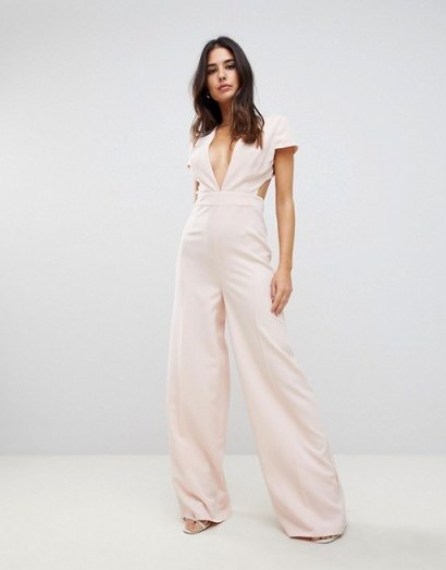 ASOS Plunge Neck Jumpsuit with Wide Leg and Open Back in Dusty Pink ~ plunging jumpsuits - flipped