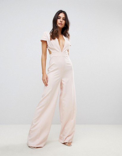 ASOS Plunge Neck Jumpsuit with Wide Leg and Open Back in Dusty Pink ~ plunging jumpsuits