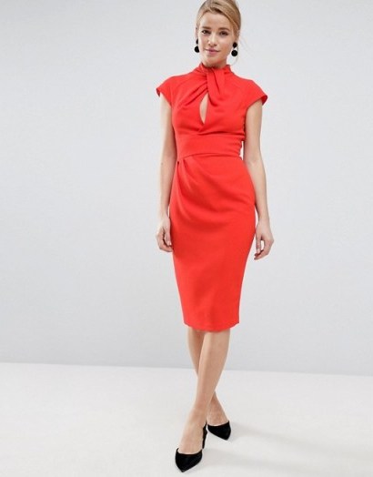 ASOS Twist Neck Keyhole Midi Dress | chic red vintage style pencil dresses - flipped