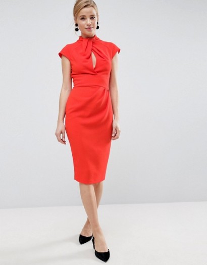 ASOS Twist Neck Keyhole Midi Dress | chic red vintage style pencil dresses