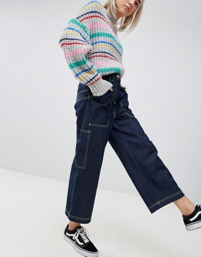 ASOS Workwear Skater Jeans with Neon Threads in Clean Indigo | dark blue wide leg denim - flipped