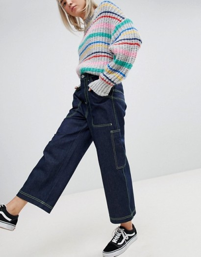 ASOS Workwear Skater Jeans with Neon Threads in Clean Indigo | dark blue wide leg denim