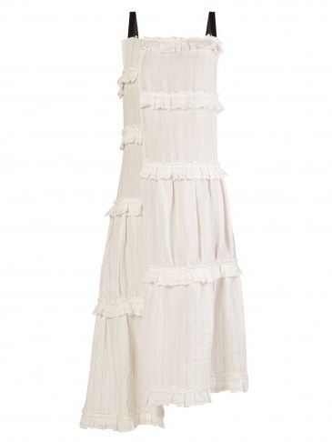 LOEWE Asymmetric-ruffle square-neck midi dress ~ white woven-linen summer dresses - flipped