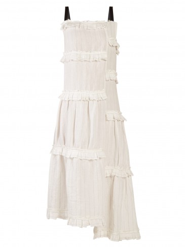 LOEWE Asymmetric-ruffle square-neck midi dress ~ white woven-linen summer dresses