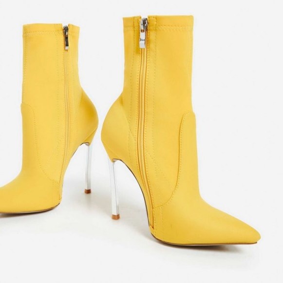 EGO Ava Skinny Heel Pointed Toe Sock Boot In Yellow Lycra / metal stiletto heeled boots - flipped