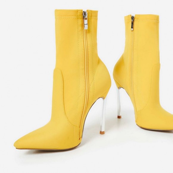 EGO Ava Skinny Heel Pointed Toe Sock Boot In Yellow Lycra / metal stiletto heeled boots