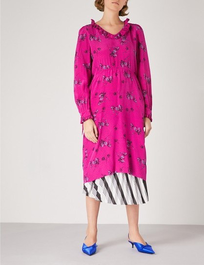 BALENCIAGA Hybrid silk-crepe de chine dress in fuchsia ~ pink floral dresses - flipped