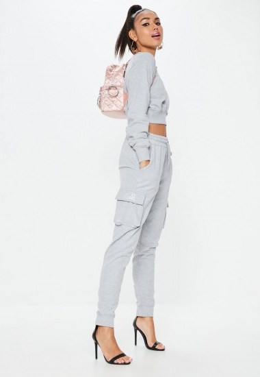 barbie x missguided grey drawstring utility joggers ~ casual side pocket pants - flipped
