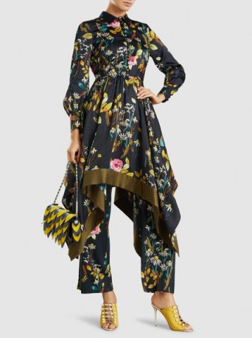 BAUM UND PFERDGARTEN‎ Abella Floral-Print Satin Dress ~ luxe style handkerchief hemline dresses