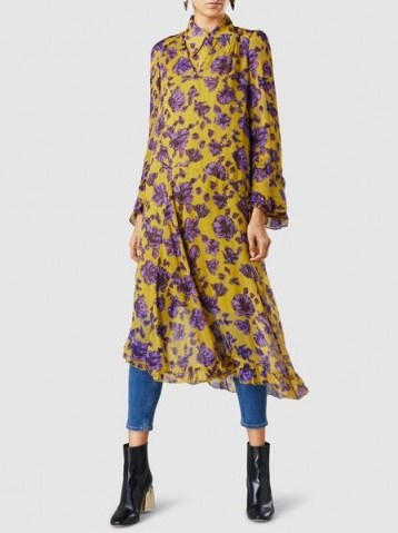 ‎BAUM UND PFERDGARTEN‎ Ameli Floral-Print Crinkled Georgette Midi Dress ~ feminine floaty dresses ~ purple and gold sheer fabrics - flipped