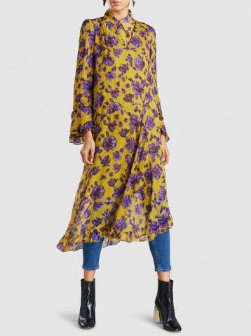 ‎BAUM UND PFERDGARTEN‎ Ameli Floral-Print Crinkled Georgette Midi Dress ~ feminine floaty dresses ~ purple and gold sheer fabrics
