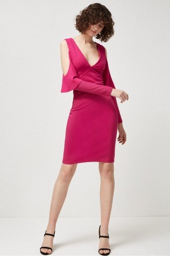French Connection BEAU VISCOSE JERSEY COLD-SHOULDER DRESS MAGENTA HAZE – pink plunge front party dresses - flipped