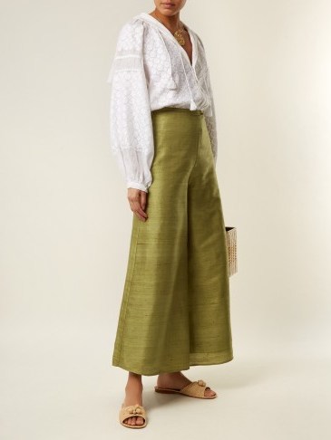 RHODE RESORT Belle high-rise wide-leg silk trousers ~ khaki-green pants - flipped