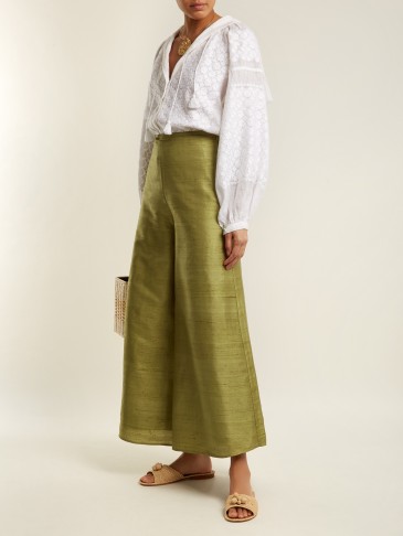 RHODE RESORT Belle high-rise wide-leg silk trousers ~ khaki-green pants