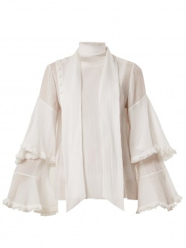 CHLOÉ Bell-sleeved tie-neck cotton-blend gauze blouse | white romantic blouses - flipped