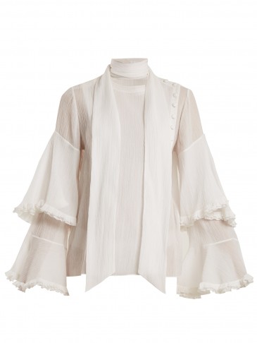CHLOÉ Bell-sleeved tie-neck cotton-blend gauze blouse | white romantic blouses