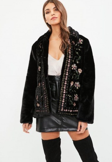 MISSGUIDED black embroidered faux fur jacket – warm stylish jackets - flipped