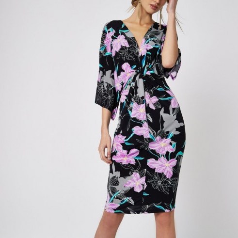 River Island Black floral print batwing sleeve midi dress – wide sleeved going out dresses – party fashion - flipped