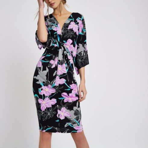 River Island Black floral print batwing sleeve midi dress – wide sleeved going out dresses – party fashion