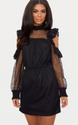 PRETTYLITTLETHING BLACK LACE HIGH NECK COLD SHOULDER FRILL DETAIL SKATER DRESS | LBD | semi sheer party dresses