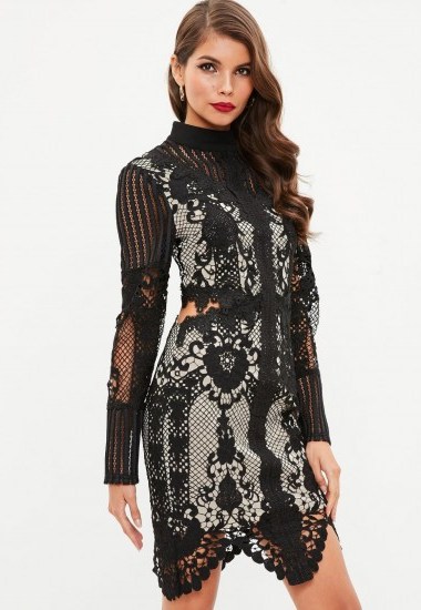 Missguided black lace high neck cut out waist dress | semi sheer party dresses | LBD - flipped