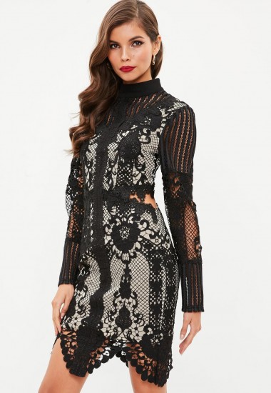 Missguided black lace high neck cut out waist dress | semi sheer party dresses | LBD