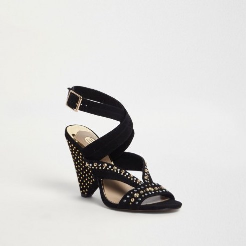 River Island Black stud embellished cone heel sandals – strappy chunky heels - flipped