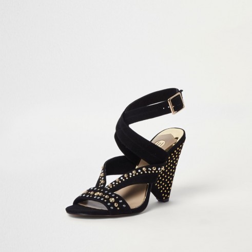 River Island Black stud embellished cone heel sandals – strappy chunky heels