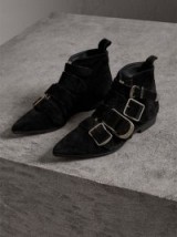BURBERRY Buckle Detail Suede Ankle Boots | black pointed toe booties