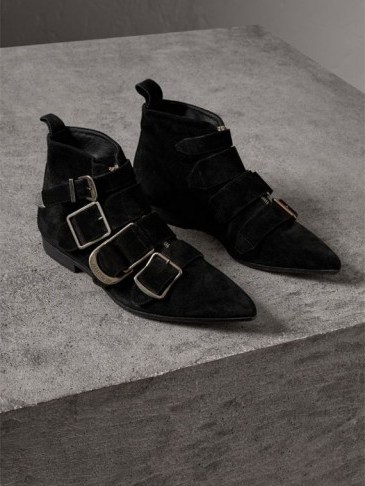 BURBERRY Buckle Detail Suede Ankle Boots | black pointed toe booties - flipped