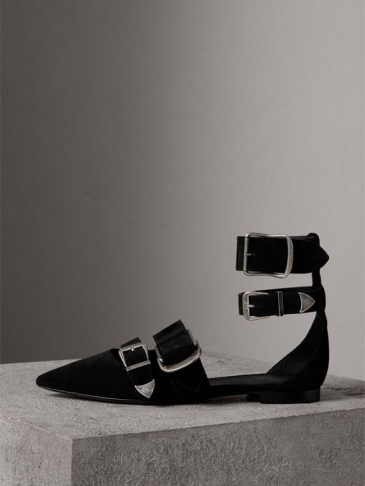 BURBERRY Buckle Detail Suede Sandals | black pointy flats - flipped