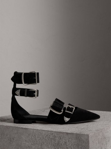 BURBERRY Buckle Detail Suede Sandals | black pointy flats