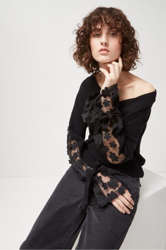 French Connection CABALLO LACE KNIT V NECK JUMPER – black semi sheer jumpers - flipped