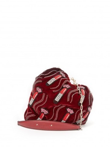 VALENTINO Carry Secrets bead-embellished heart velvet clutch ~ lipstick embellishments ~ small red luxe bags - flipped