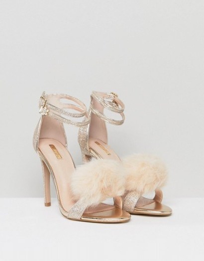 Carvela Glenn Gold Faux Fur Pom Heeled Sandals ~ fluffy gold party heels - flipped
