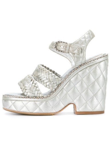 CHANEL VINTAGE quilted wedge sandals – silver metallic wedges - flipped