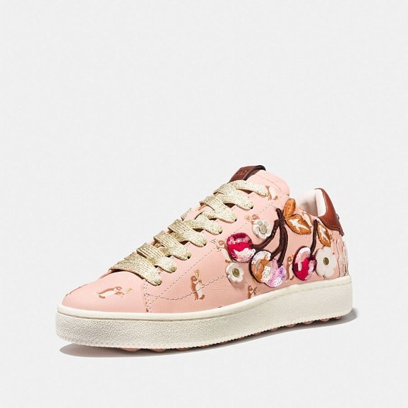 COACH C101 With Cherry Patches Light Pink | sports luxe trainers | embroidered sneakers - flipped