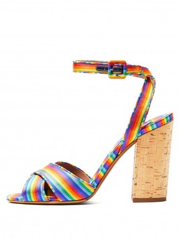 TABITHA SIMMONS Connie rainbow-striped cross-over strap sandals ~ strappy cork block heels ~ summer style - flipped