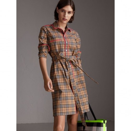 BURBERRY Contrast Piping Check Cotton Shirt Dress in Camel ~ everyday style - flipped