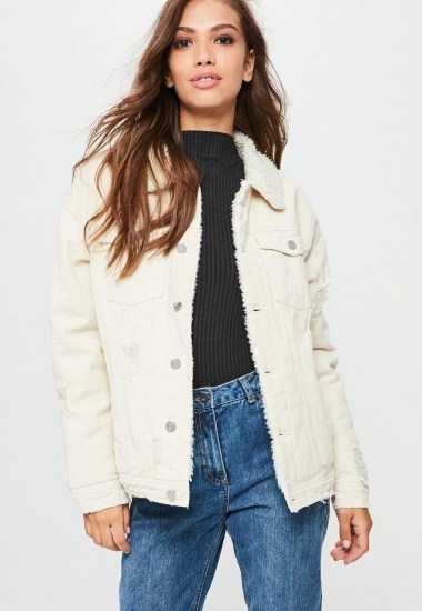 Missguided cream borg lined denim jacket – casual winter style - flipped