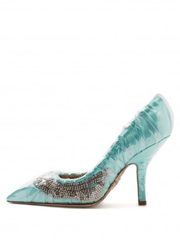 PACIOTTI BY MIDNIGHT Crystal-embellished ruched satin pumps ~ mint-green courts ~ luxe court shoes - flipped