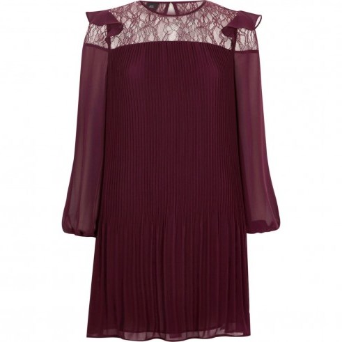 River Island Dark red pleated lace frill swing dress - flipped
