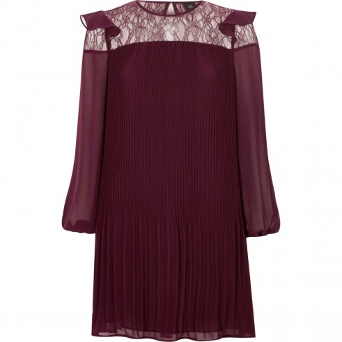 River Island Dark red pleated lace frill swing dress
